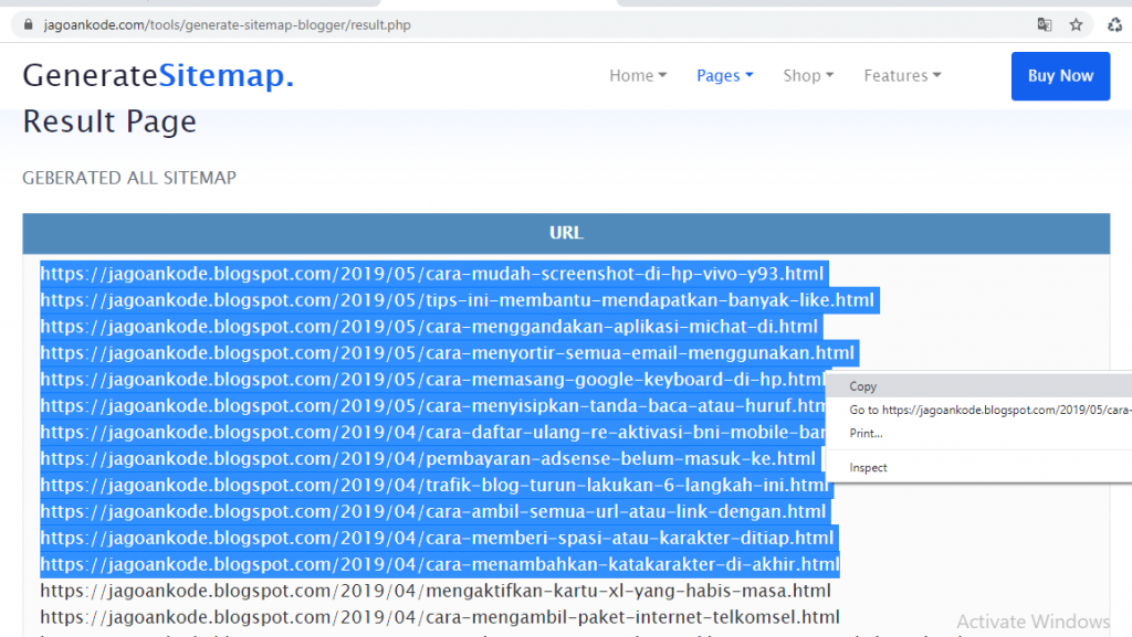 scan seluruh url link konten postingan di blog